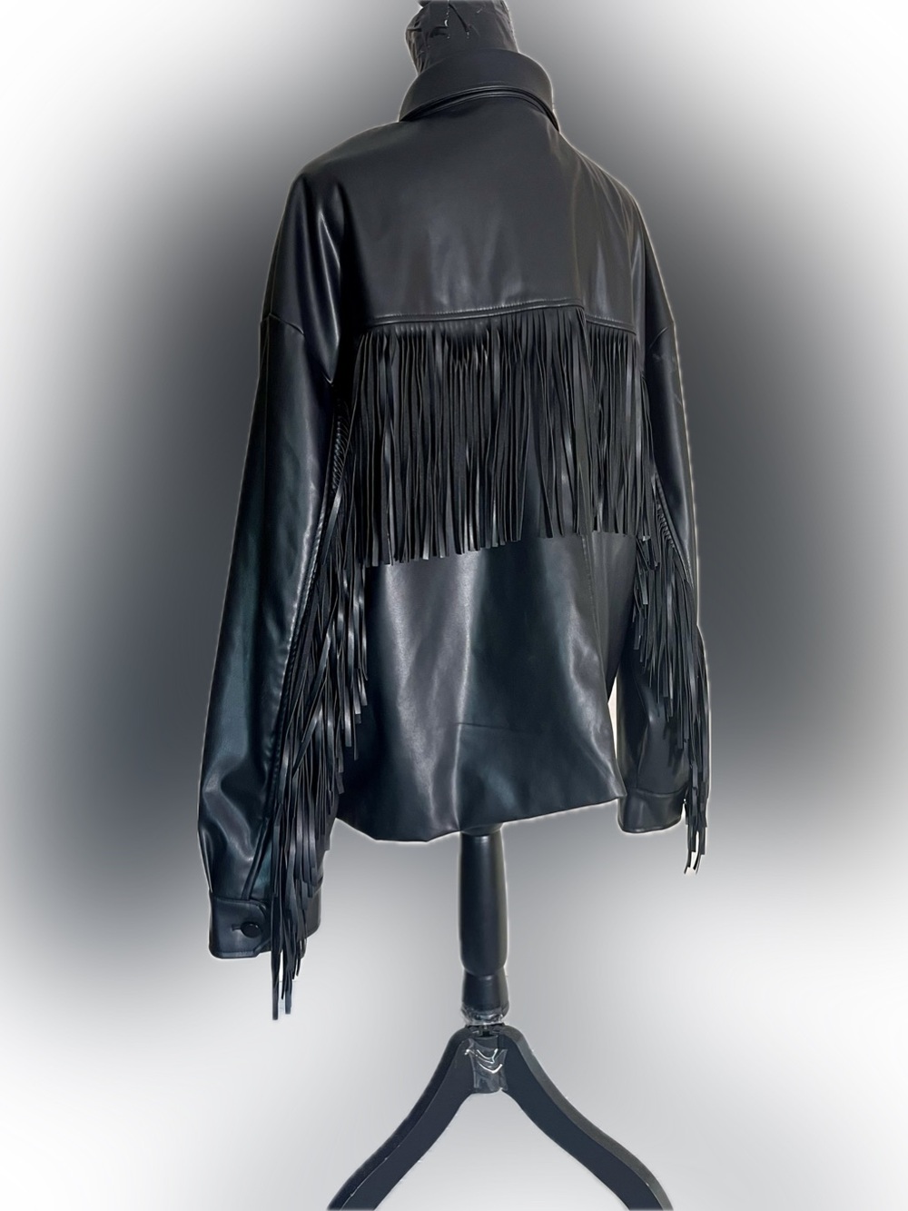 GeeGee Black Faux Leather Fringe Western Jacket Cowgirl Tassel Shacket 2XL Plus